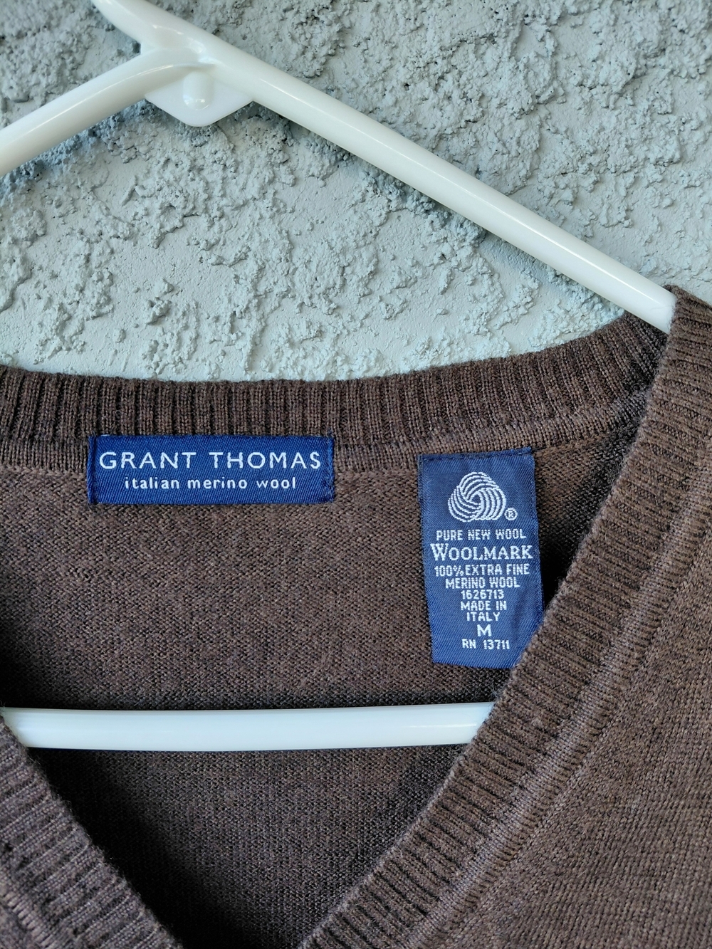 Grant Thomas Italian Merino Wool V-Neck Sweater Brown Mens Medium Made in Italy - Picture 2 of 7